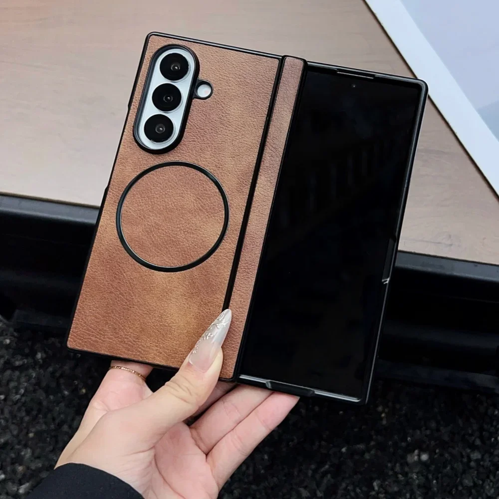 Funda de teléfono magnética con bisagra de cuero Busine Sle de lujo para Samsung Galaxy Z Fold 7 6 5 4 3 Magsafe cubierta de carga inalámbrica