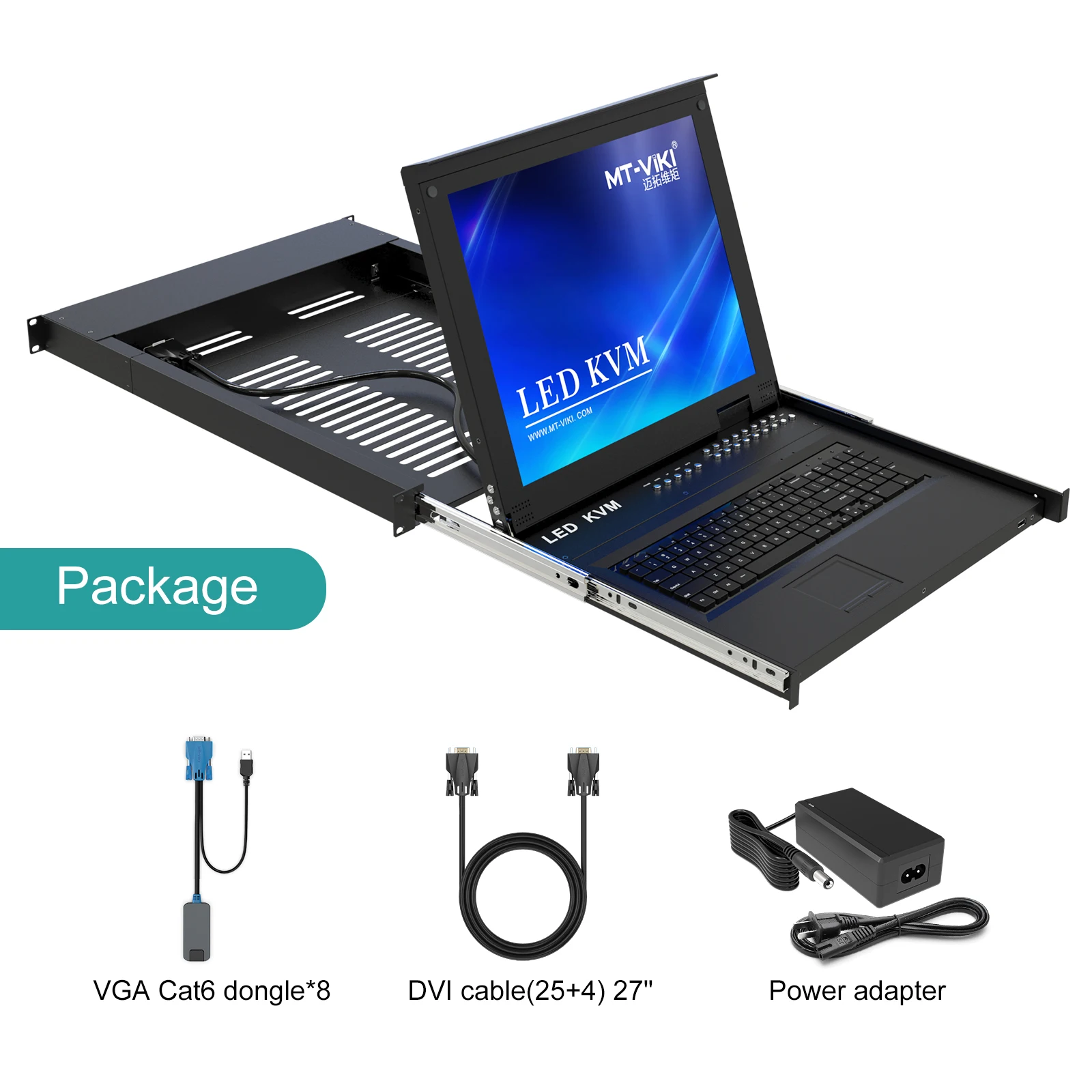 17" LCD KVM-console 8-poorts VGA, MT-VIKI 8x1 Rack KVM-consolelade voor 1U Rack + 8-pack kabels, LCD KVM-schakelaar