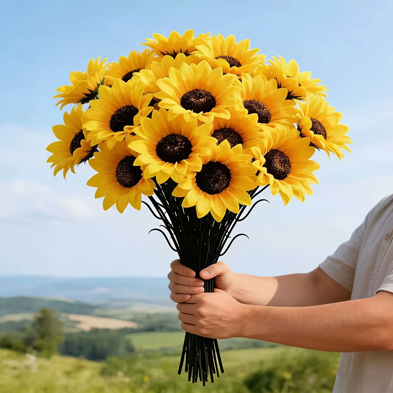 10 Stück (ohne Vase) große, künstliche Sonnenblumen, pflegeleichter, künstlicher Brautstrauß für Hochzeiten, Requisiten für Hochzeitsfotografie, Hochzeitsdekoration im Waldstil, Wohnaccessoires, Dekoration für Küche, W – Detail 2