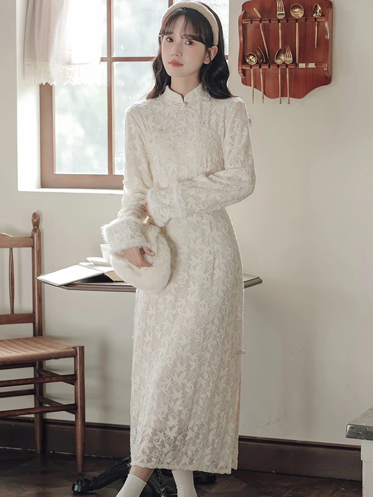 White Lace Jacquard Floral Thick Warm Women's Dress Autumn Winter Elegant Casual Dress with Long Sleeve 2024 Korean Party Dress