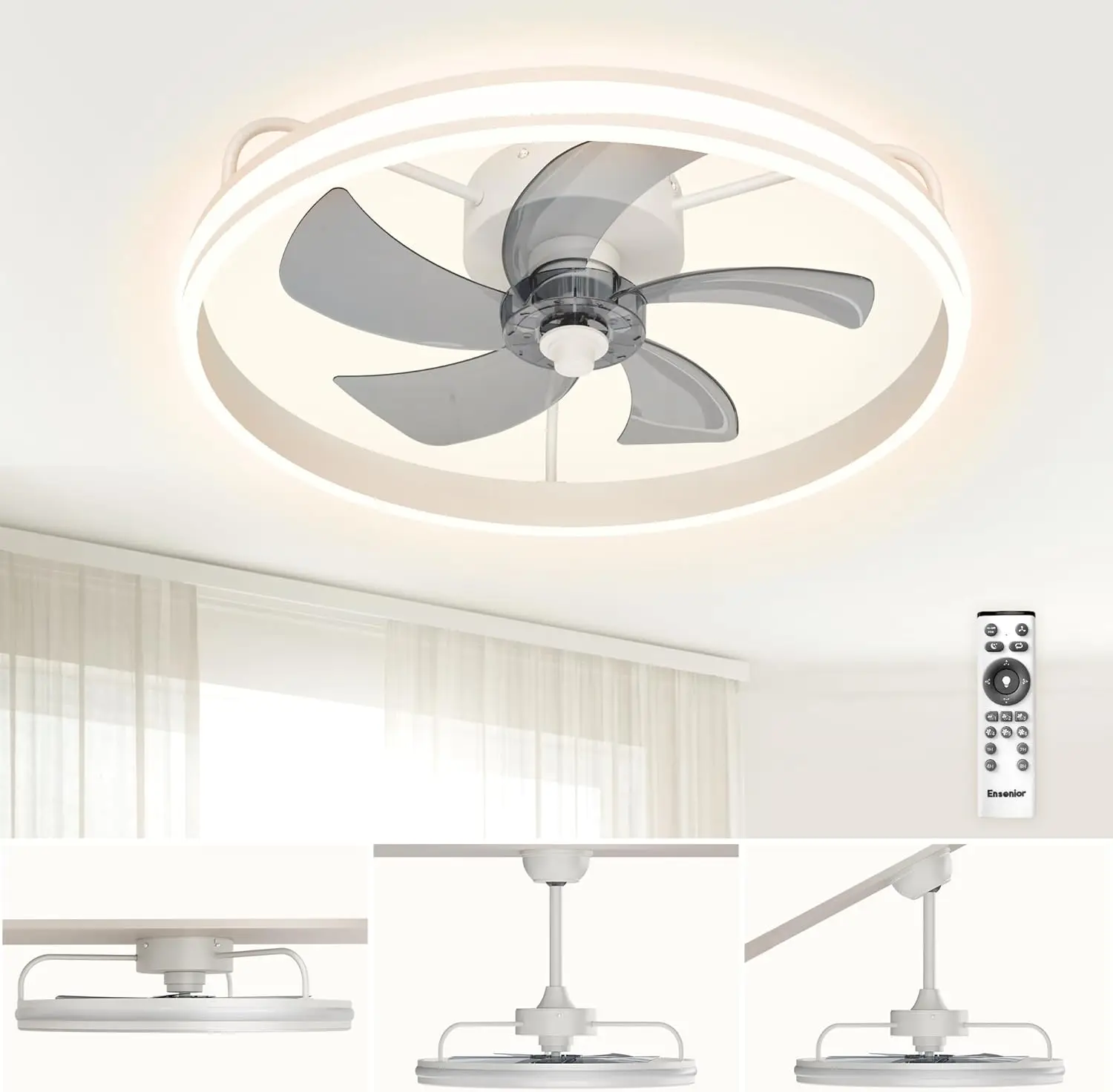 

Ensenior 22"" Low Profile Ceiling Fan With Light And Remote Control, Flush Mount Ceiling Fan With Nightlight, 2700K-6000K