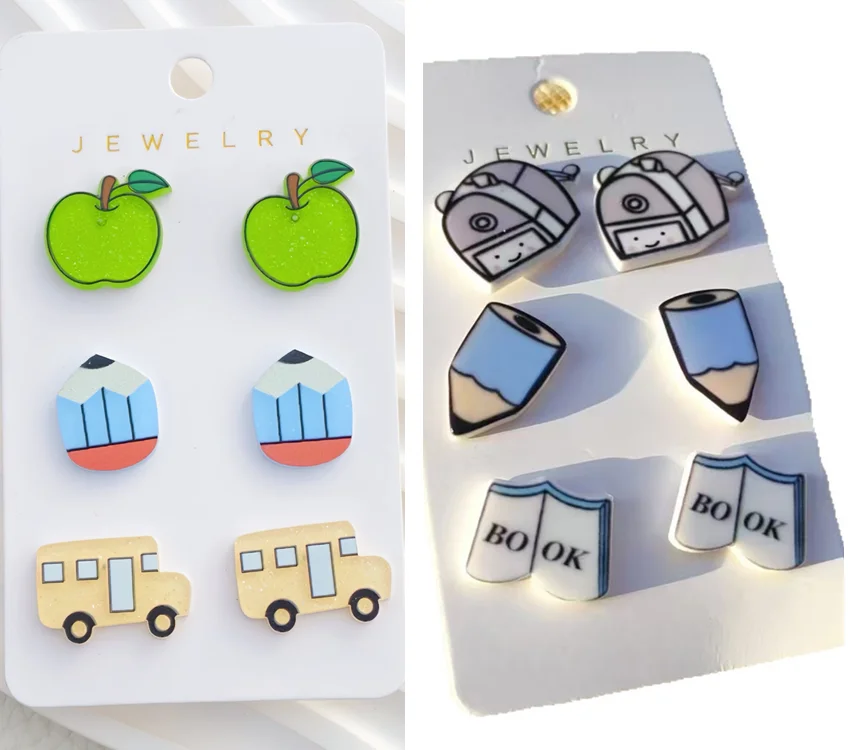 3 Pairs / Set Green Glitter Apple Pencil School Bus Acrylic Back to School Earrings Teacher Gifts Jewelry