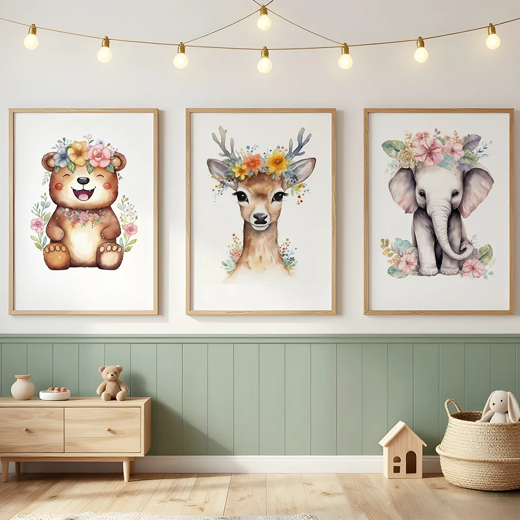 

Nursery Plant Flower Wall Art, Bear Deer Elephant Canvas Painting, Minimalist Animal Poster Print for Baby Kids Bedroom Decor