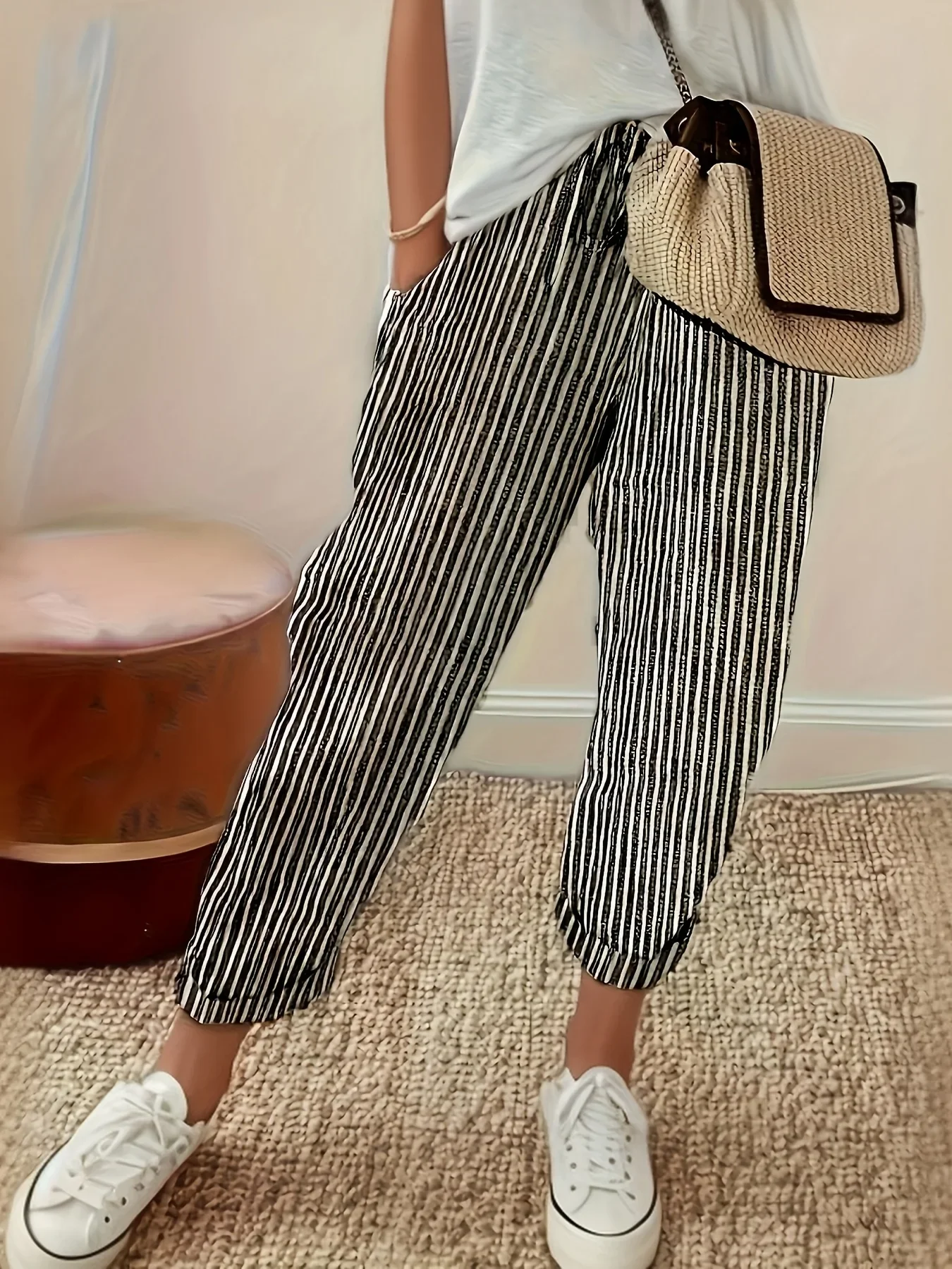 Stripe Print Harem Pants, Casual Elastic Waist Baggy Pants For Every Day, Women's Clothing