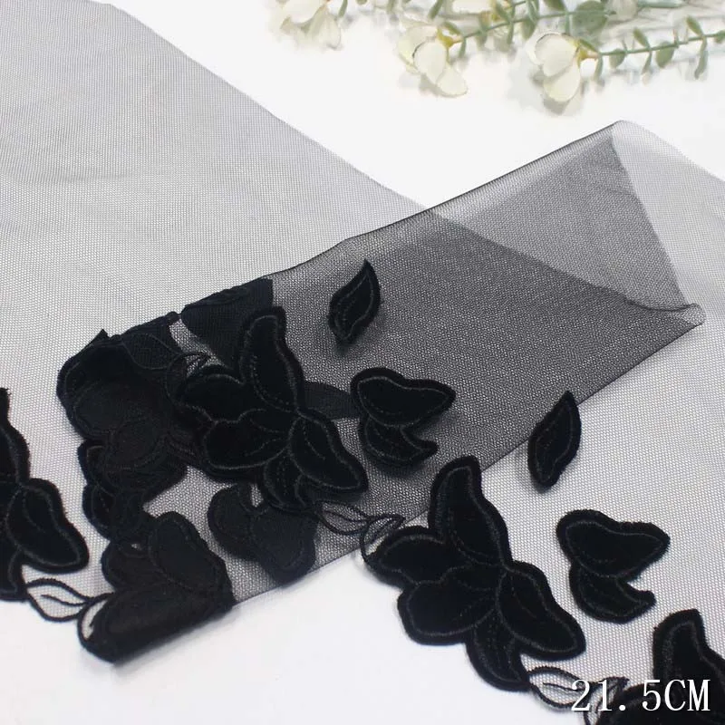 

29 ярдов/лот: Классическое кружево с вышивкой цветами из флокированного бархата и черной сетки для декора воротников и рукавов абайи