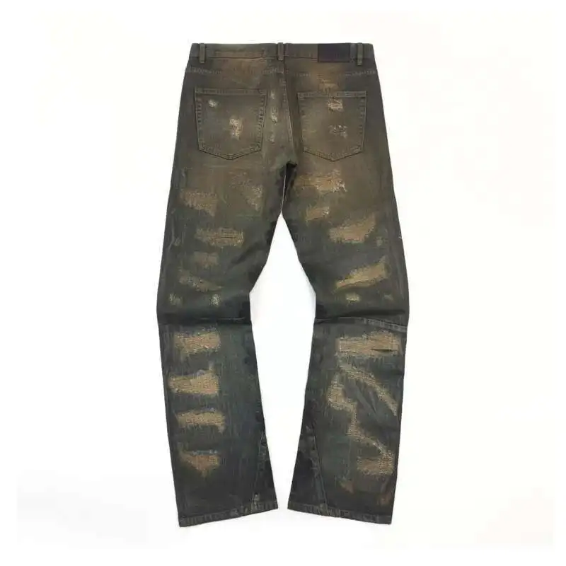 HKSH Spring Autumn New Men Tide Dark Punk Embroidered Corroded Washed Vintage Wax Coated Denim Pants Fashion Chic Jeans HK3992