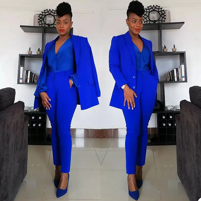 Fatos formais femininos de negócios, calças elegantes para senhora do escritório, conjunto feminino de 2 peças, azul royal