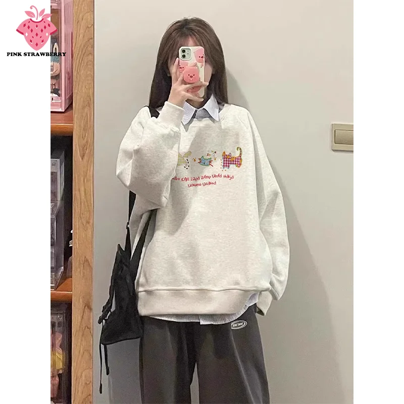 

American style Plush Oversize Thicken Sweatshirt Women Autumn Winter 2025 New O-Neck Loose Warm Hoodie Y2K Top kawaii clothes
