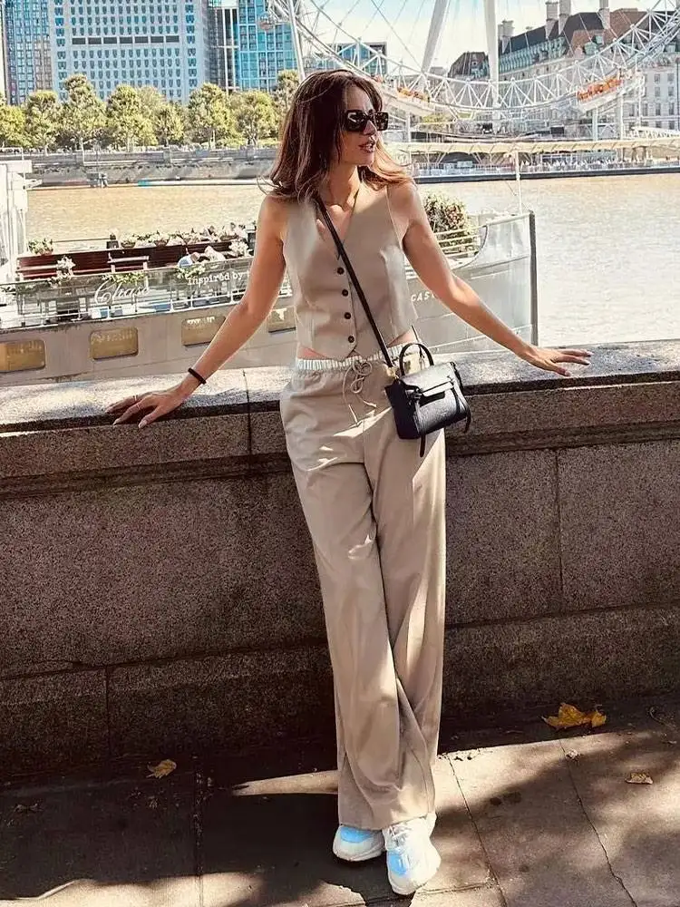 2024 Women\'s Solid Trousers Sets V Neck Commute Vest Top + Elastic Waist Drawstring Causal Female Wide Leg Pant Street