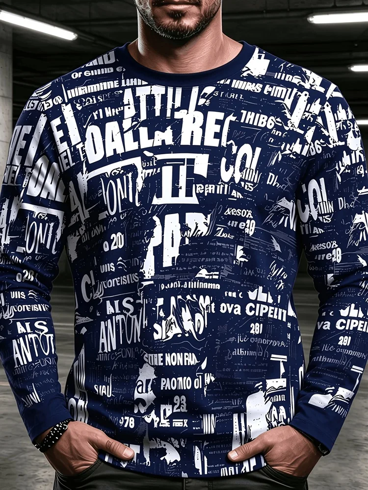 Men's Grey Newspaper Print Long Sleeve T-Shirt Black Text Graffiti Vintage Pullover Tops Gift New Streetwear Fashion Hot