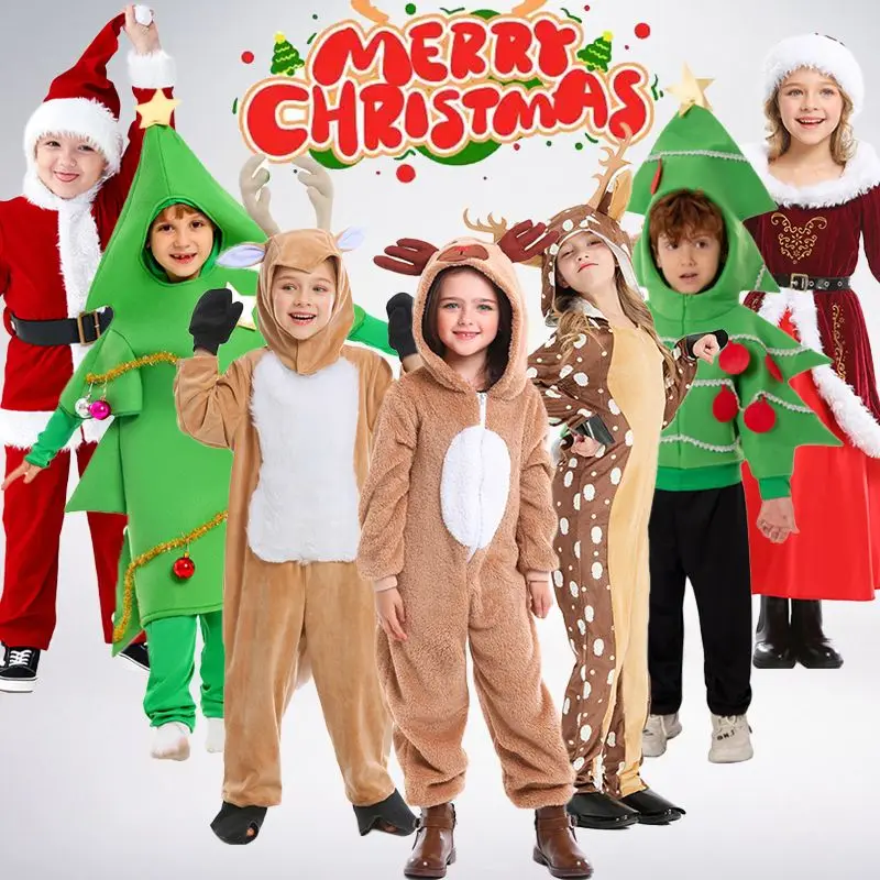 Świąteczne stroje rodzinne do cosplayu: Święty Mikołaj, elf, choinka, pudełko prezentowe, stroje sceniczne, pasujące ubrania dla dzieci i dorosłych.