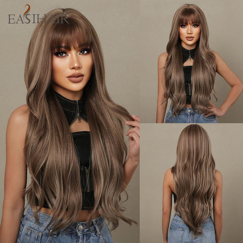 EASIHAIR Brown Ombre Long Wavy Synthetic Wigs with Highlight Natural Wig for Women Daily Cosplay Wigs with Bangs Heat Resistant