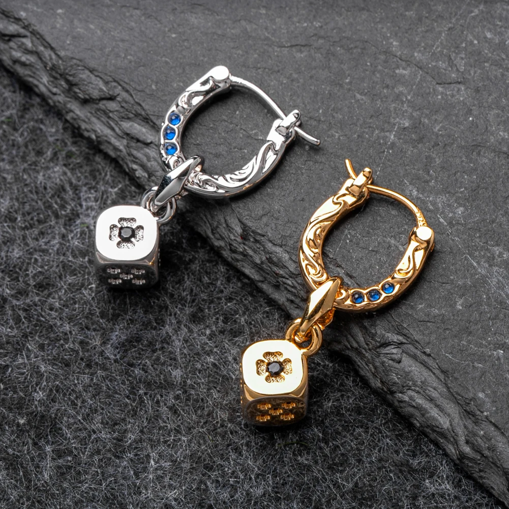 COPPERTIST.WU Fortune Roll Earrings Horseshoe Dice Four Leaf Clover Lucky Earrings for Women Blue Zircon