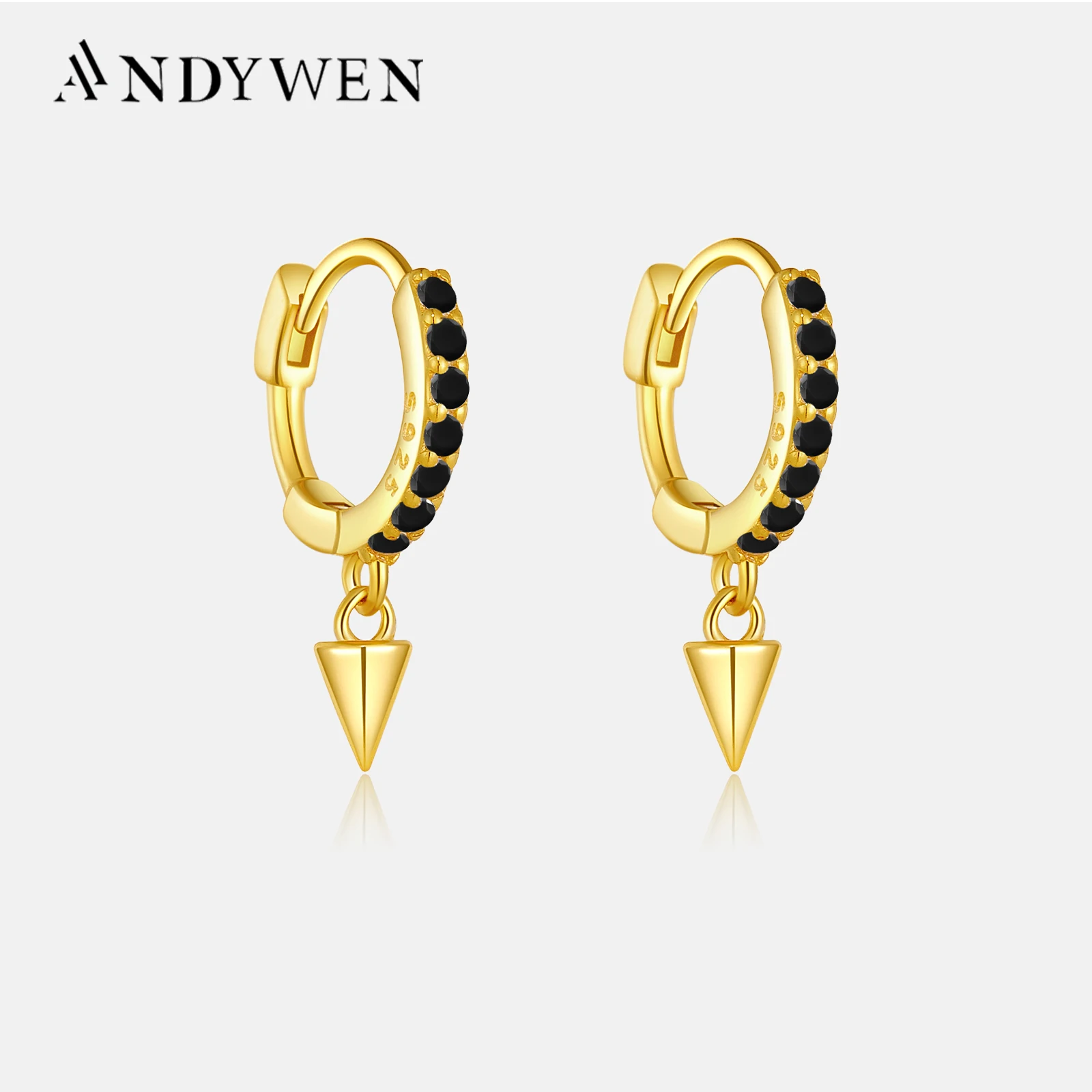 ANDYWEN 925 Sterling Mini 7mm Spike Huggies Small Hoops Loop Circle Ring Crystal CZ Women Piercing Clips On Earring Jewelry