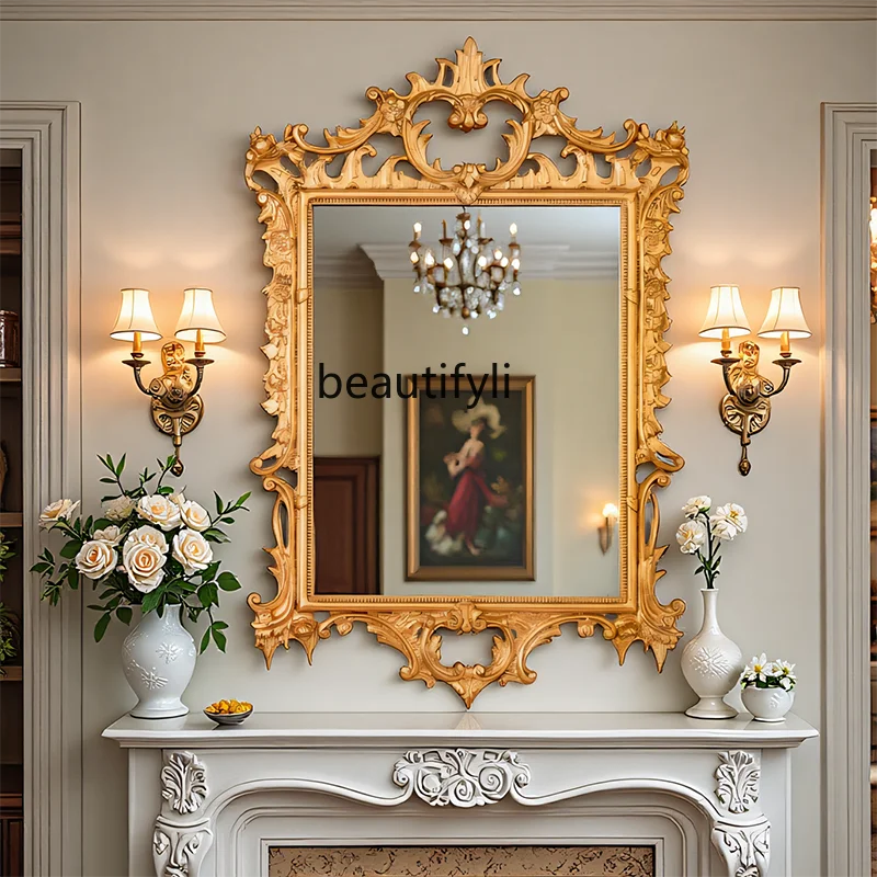 

French Style Makeup Mirror Vintage Carved Light Luxury Entrance Vanity Mirror French Fireplace Wall Hanging Decoration