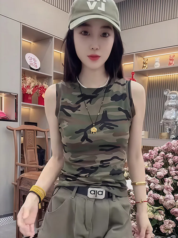 Camouflage Sports Sleeveless Vest Women's Thin Fashion Slimming Casual Design Top round Neck Moisture Wicking Outerwear