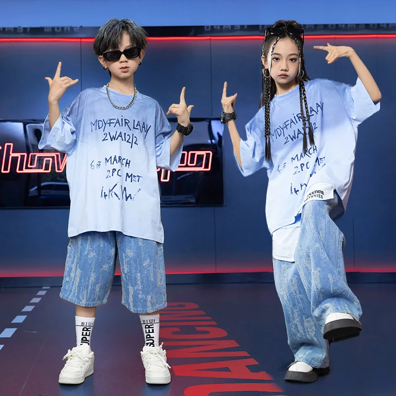 [15-70KG]Kids Gradient Letter Short Sleeve T-Shirt Boys Japanese & Korean Fashion Clothing Girls Hip Hop Jazz Dance Short Sleeve