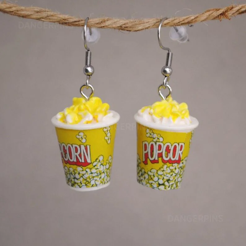 Popcorn Earrings, Food Dangle Earrings - Cute Kawaii