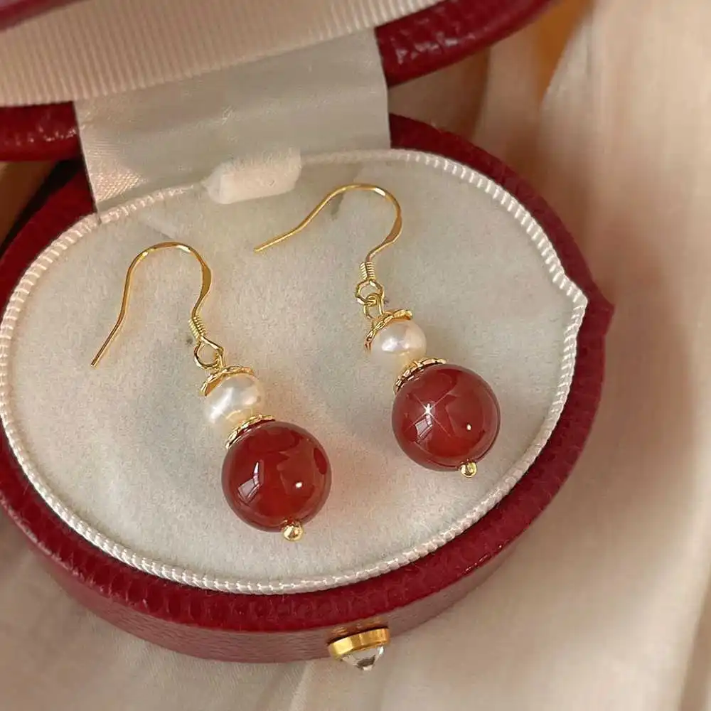 Fashion 12MM Natural Red Agate beads Baroque pearl Earrings Women Party Lucky Classic Diy Jewelry Aquaculture