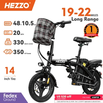 Image Hezzo Bicycle Foldable Electric Bike W/ Seat & Basket 14'' 48V 10.4Ah 350W Motor 22Miles Range 20 MPH Top Speed Ebike for Adults