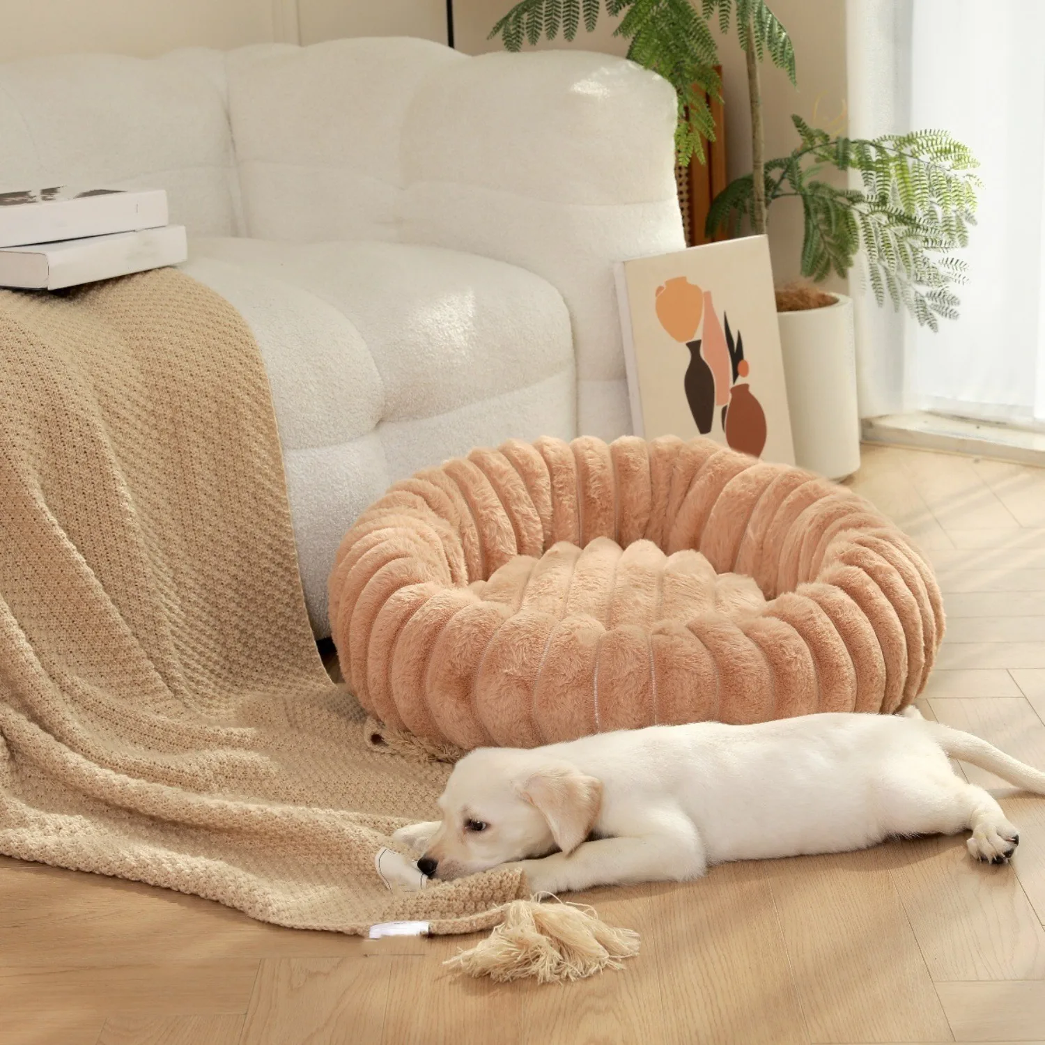 

Striped Rabbit Plush Kennel Winter Warm Donut Cat Nest Round Pet Bed Soft Comfortable Dog Mat