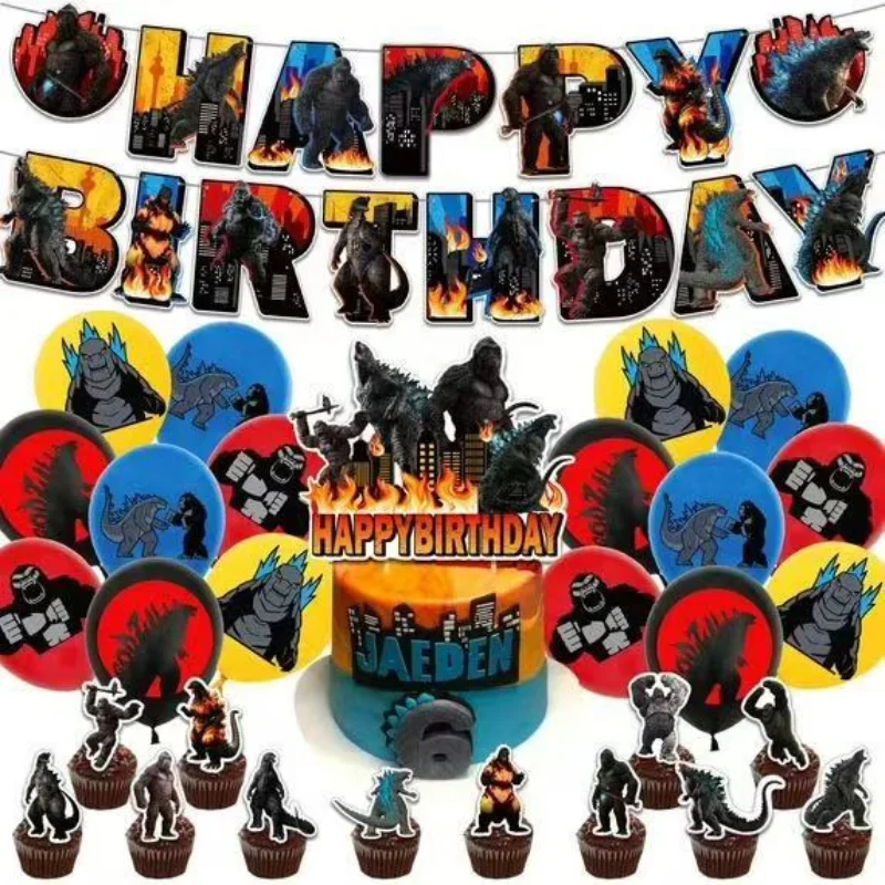 Godzilla Thema Geburtstag Party Dekoration Banner Flagge Ziehen Kuchen Flagge Pflanzen Ballon Set Party Supplies