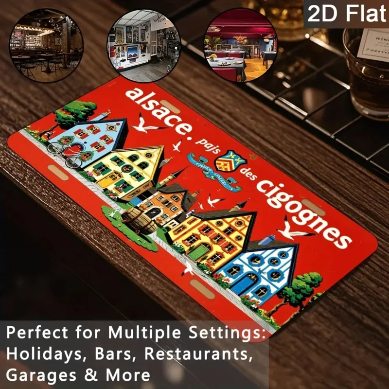 مسطح ثنائي الأبعاد - قطعة واحدة من لافتة معدنية عتيقة من Alsace Pays des Cigognes، ديكور حائط من الألومنيوم، رسم توضيحي للقرية الفرنسية الريفية