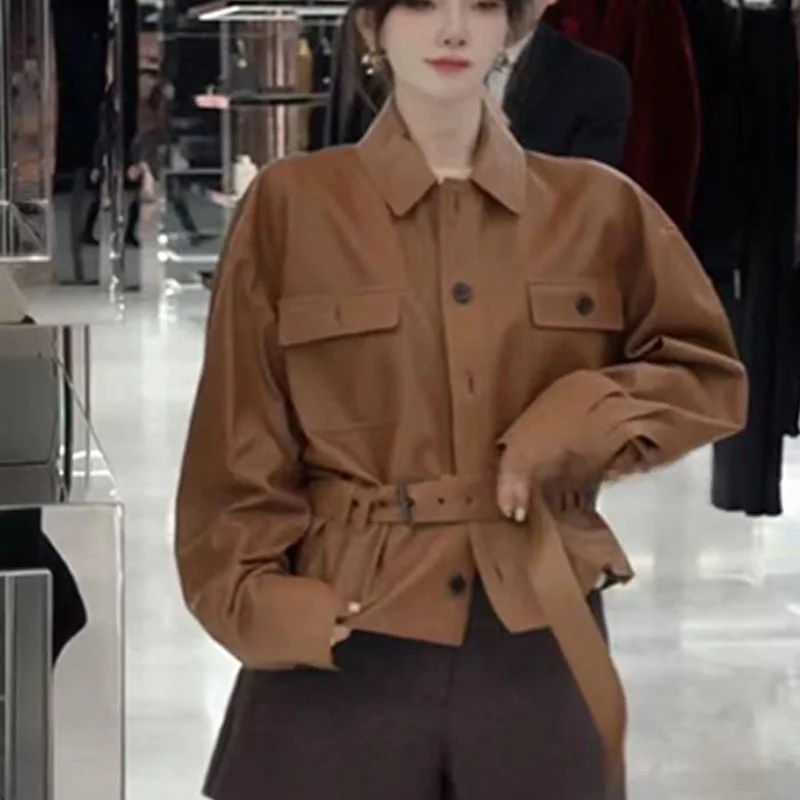 Daitong 2025 primavera eepskin cuero Jaet mujer suelta adelgazamiento Casual Biker abrigo cuello largo Sve ort longitud