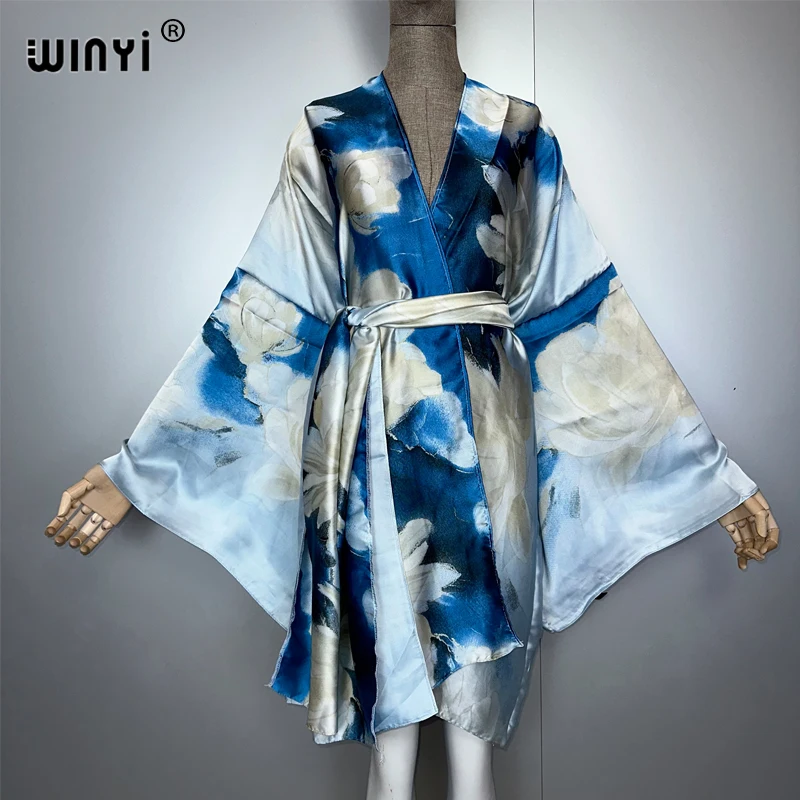 WINYI البوهيمي طباعة كيمونو ملابس الشاطئ النساء لباس سباحة التستر ماكسي سترة غرزة حزام الذاتي عطلة كم طويل طباعة معطف