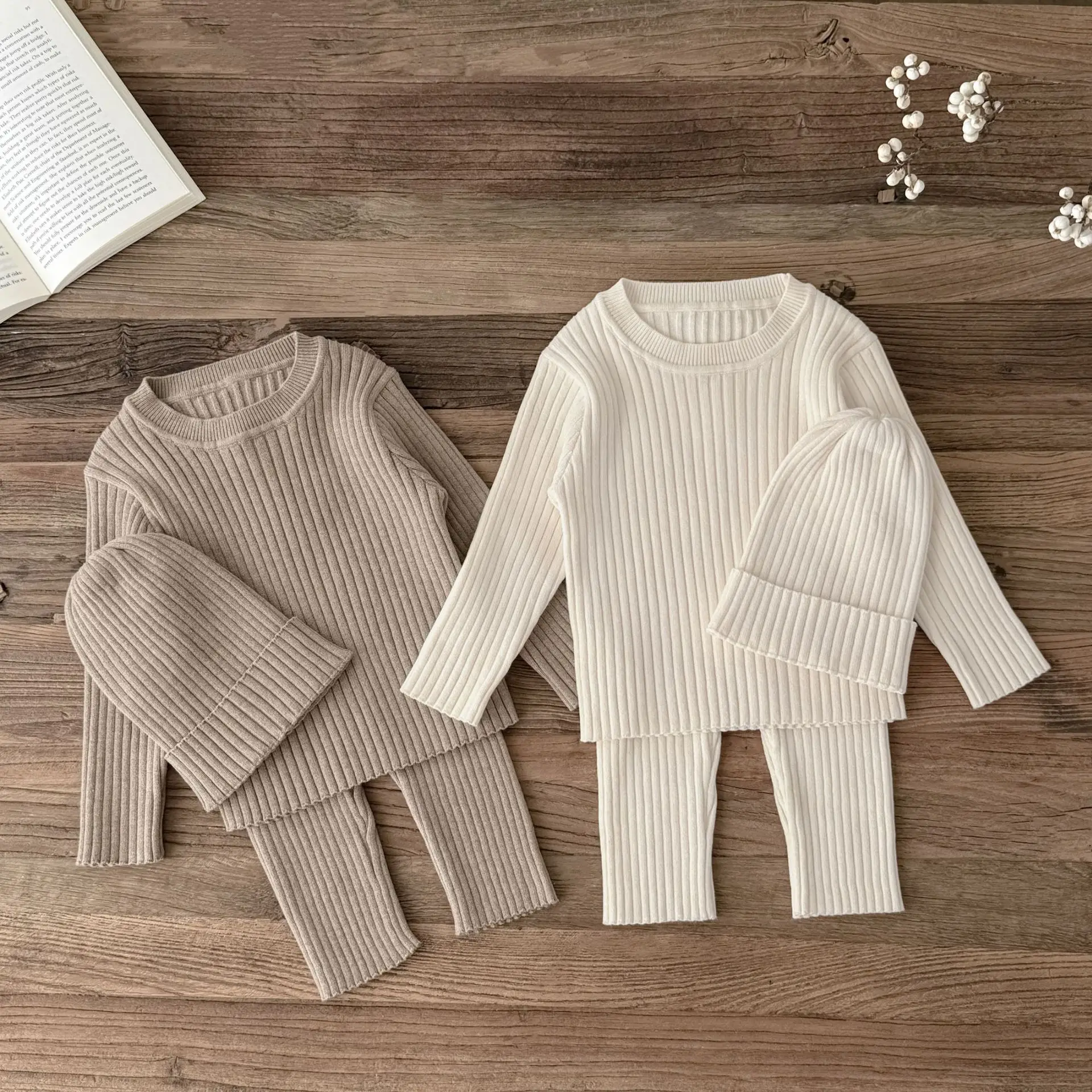 3Pcs Baby Clothing Set O Neck Sweater Solid Knit Leggings And Beanie Hat  Suit Kids Boys Ripped Knit Suit Warm Indoor Clothes