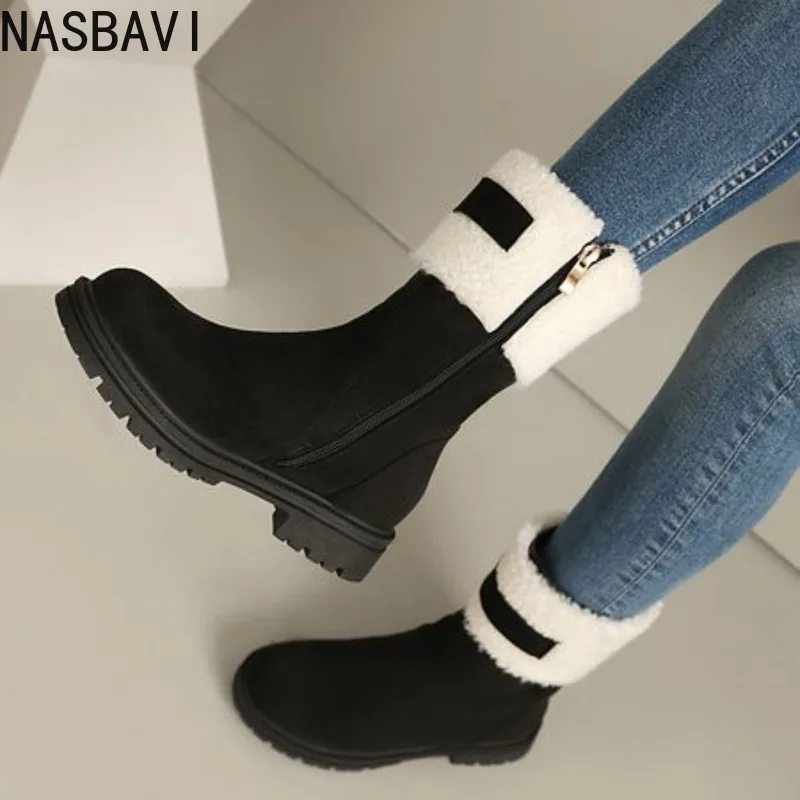 

Женские сапоги до середины икры с круглым носком на плоской подошве из флока, замша на молнии, разноцветные, большие размеры 46, 47, 48, теплая зимняя зимняя зимняя обувь