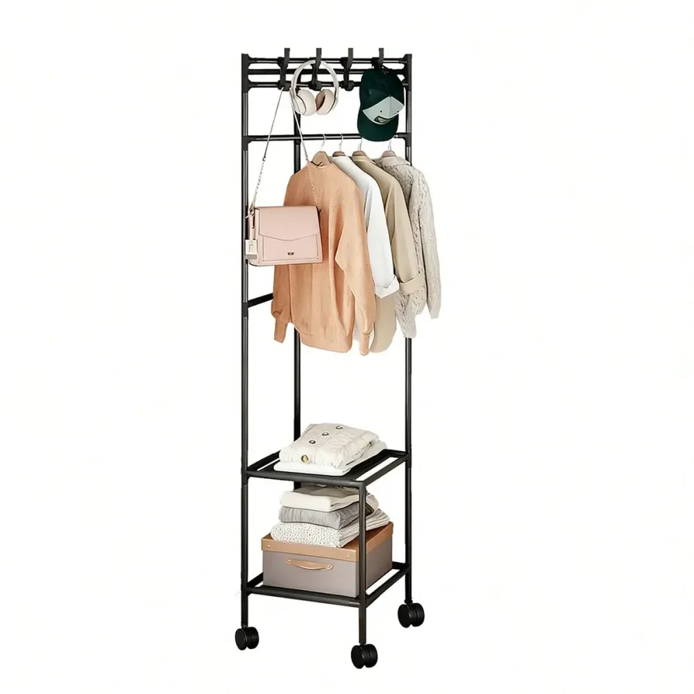 Rack With Wheels, Freestanding Garment Rack With 3 Metal Shelves For Hanging Clothes, Portable Hanging Rod For Small Room, Bedr