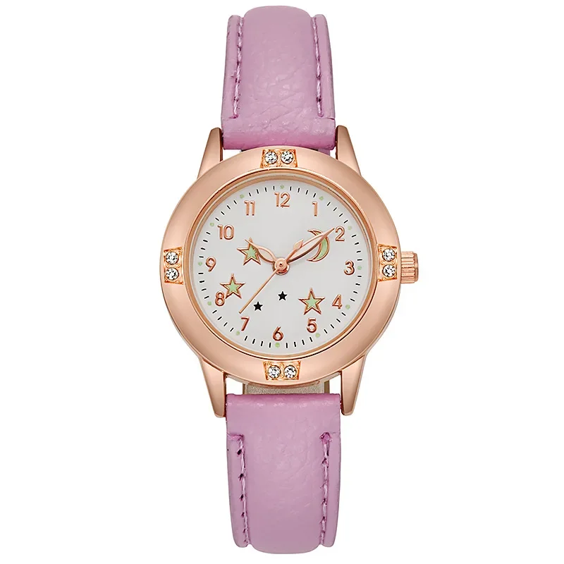 Reloj de cuarzo luminoso para niñas y mujeres, pulsera de cuero, informal, lindo, estrella, Luna, nuevo