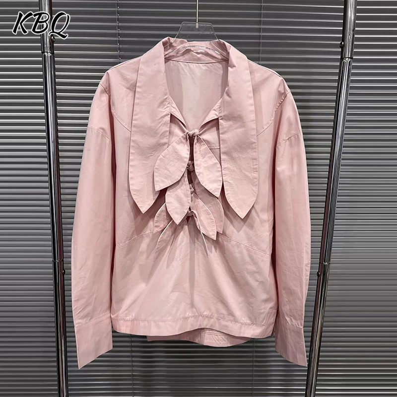

KBQ однотонная кружевная свободная футболка с бантом для женщин, темпераментные минималистичные топы с длинными рукавами и лацканами, женский модный стиль, новинка