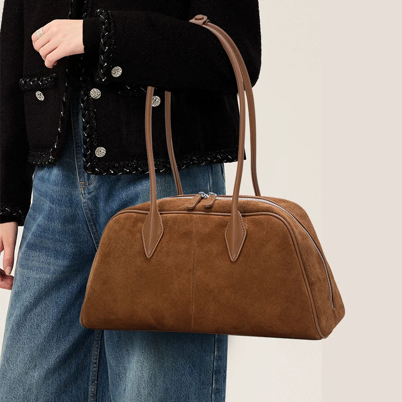 Aidani Women's Genuine Leather Suede Bowling Bag 2026 New Large-Capacity Commuter Shoulder Bag Brown Pillow Bag