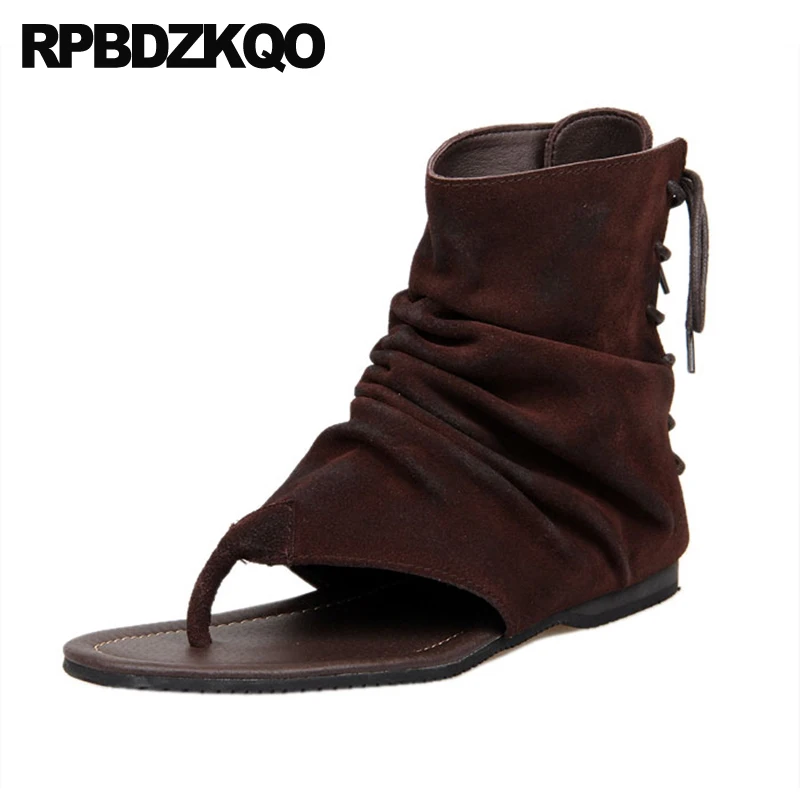 

Summer Popular Men Ankle Suede Shoes Lace Up Flip Flop Open Toe Nubuck Flats Catwalk Hip Hop Short Street Style Sandals Boots