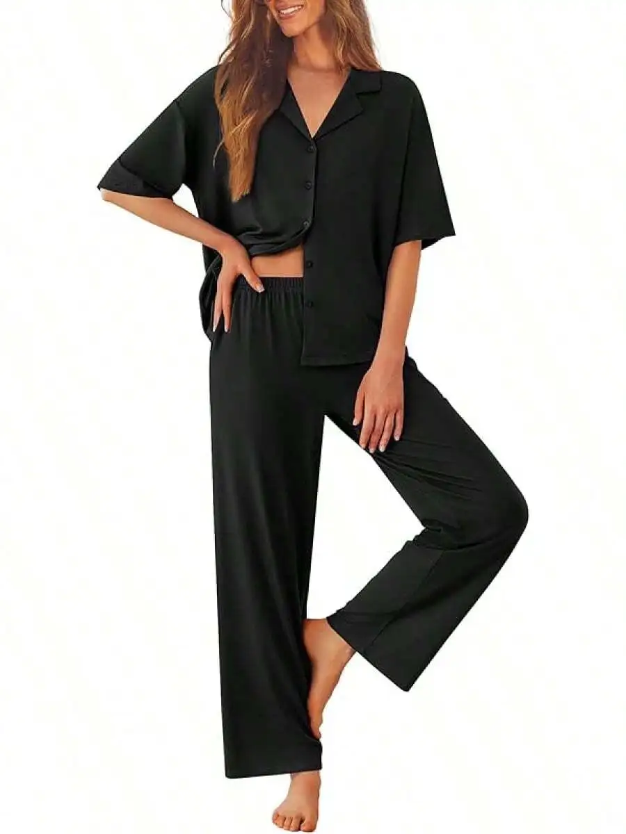Women Button Down Sleepwear Set Short Sleeve Pajamas Soft Comfortable Nightwear Long Pants S-XXL