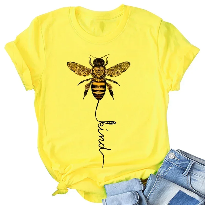 Hillbilly-Bee Kind Yellow T-Shirt for Women, Aesthetics Graphic,  Polyester T Shirts, Female Camisetas Verano, 2024