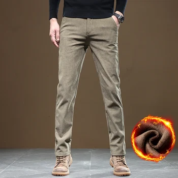 2025 New Winter Fleece Warm Corduroy Pants Men Business Fashion Slim Fit Stretch Thicken Gray Khaki Fluff Casual Trousers Male 2