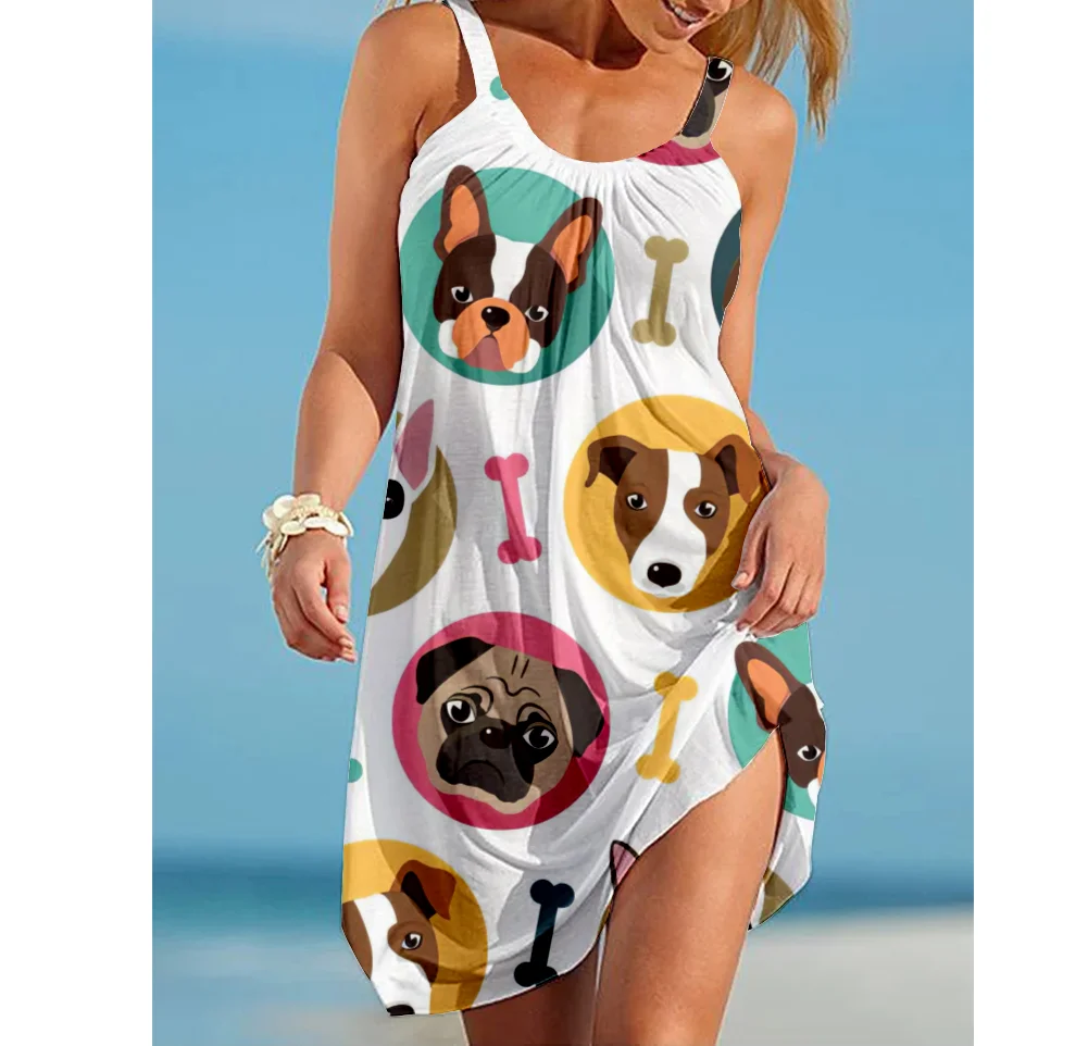 Kawaii Cat Dog Print Women Dress Vintage Woman Beach Dress Sling Midi Sleeveless Dresses Boho Soft Streetwear Girls Night Dress