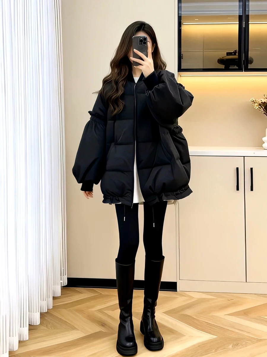 

Женское хлопковое джутовое пальто Ele Bla с бейсбольным воротником на молнии, пышное пальто миди, весна-осень-зима Faion 2025