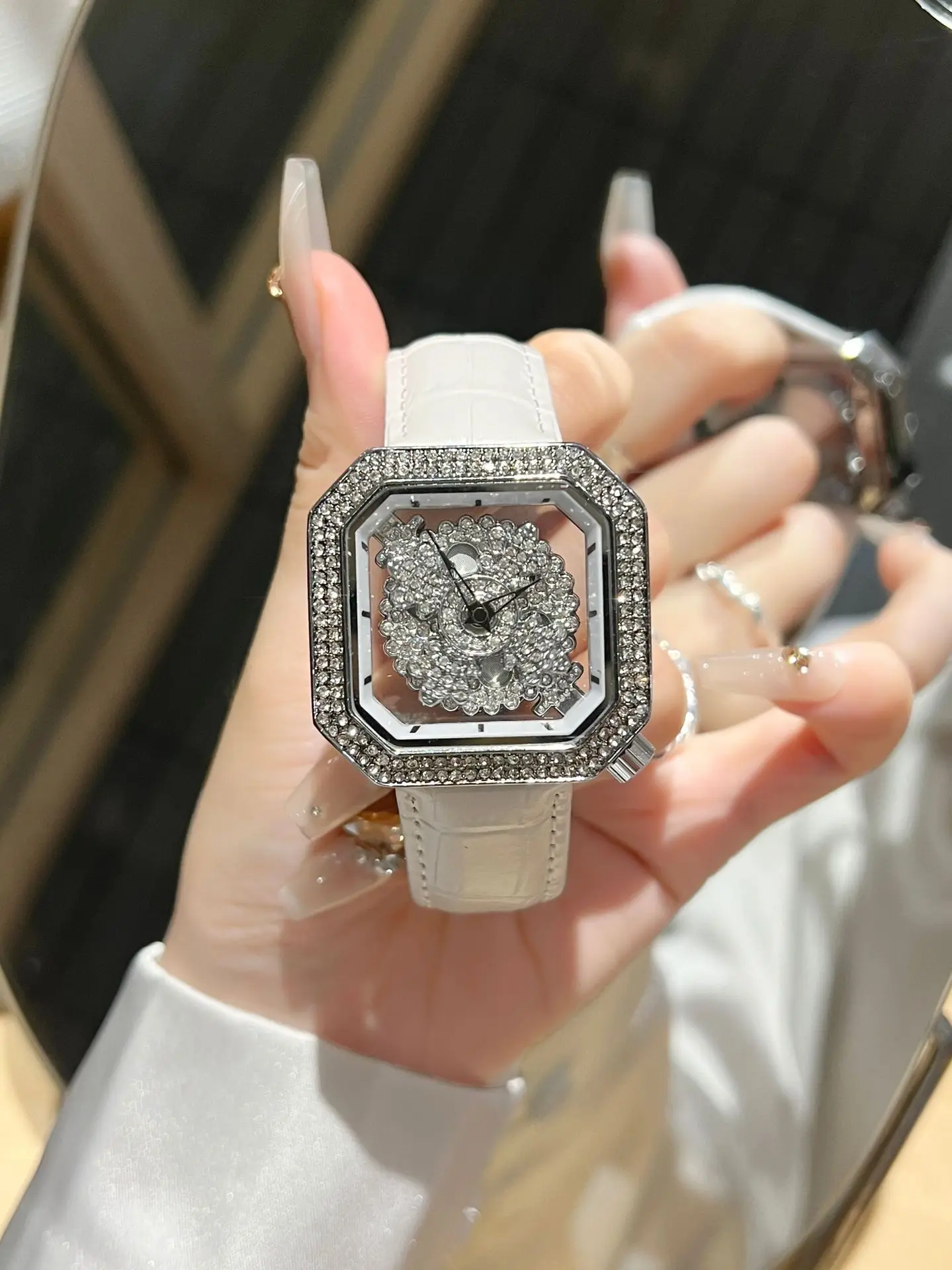 KAIRIS Women's Luxury Rhinestone Octagonal Watch Floral Crystal Dial Leather Strap Elegant Fashion Wristwatch