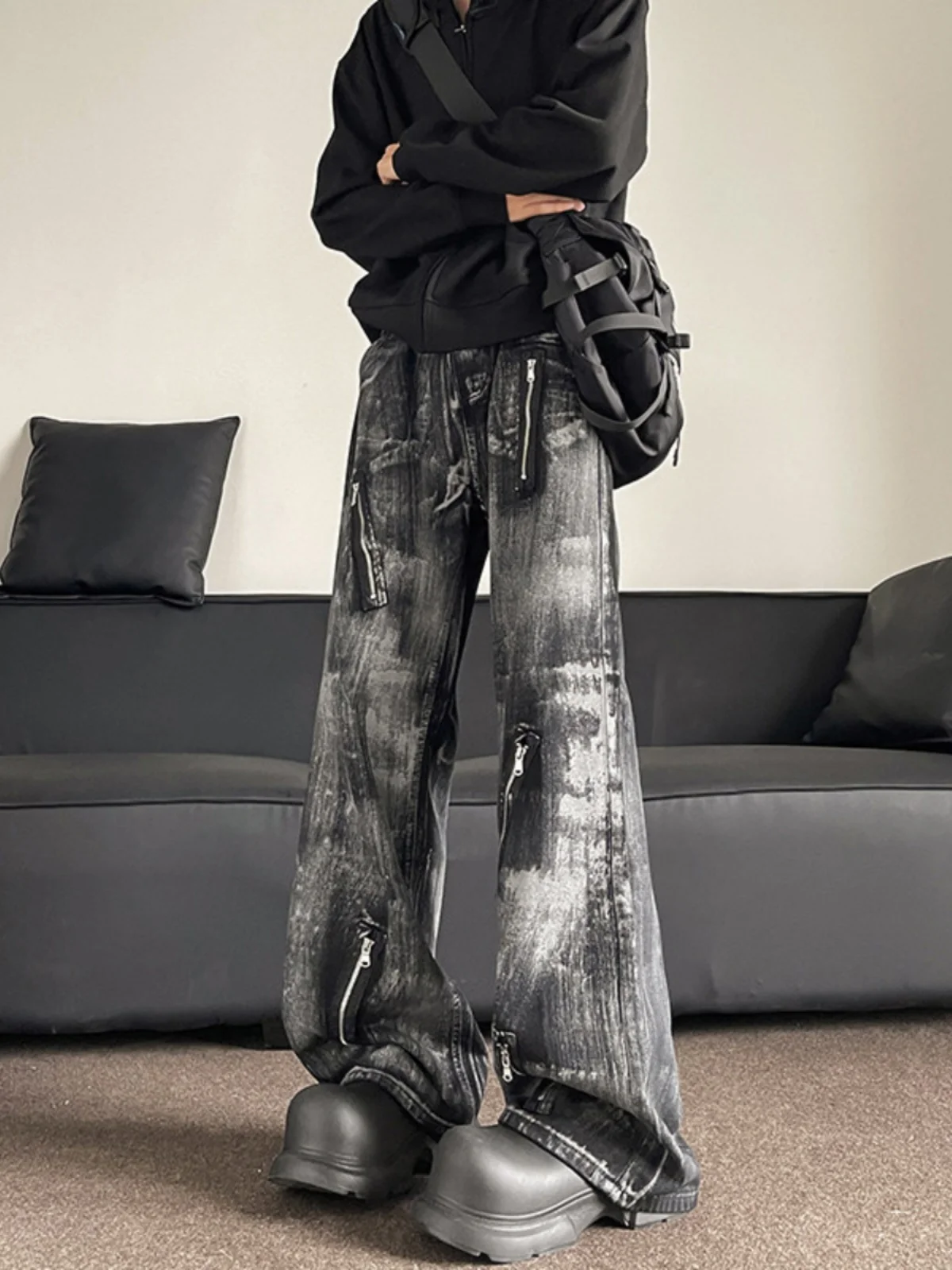 

Американские джинсы прямого кроя с эффектом тай-дай и молнией, широкие брюки в уличном стиле, молодежные, модные, износостойкие, повседневные джинсы