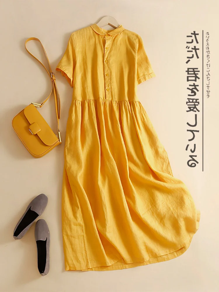 فستان قميص من الكتان والقطن الفضفاض للنساء بياقة دمية وسراويل كارجو بذيل واحد فستان صيفي على شكل حرف A متوسط ​​الطول