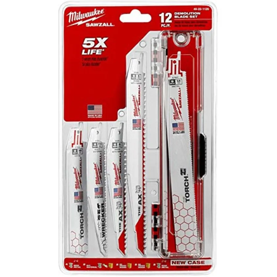

12 Piece Multi Material Wood Plastic Metal Bi-Metal SAWZALL Ultimate Demolition Reciprocating Saw Blade Set for Heavy-Duty Cutt