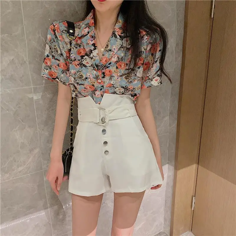 Youth Casual Floral Loose Top Pretty and Cheap Women\'s Blouses Chiffon Short Sleeve Vintage Blue Preppy Woman Buttoned Shirts