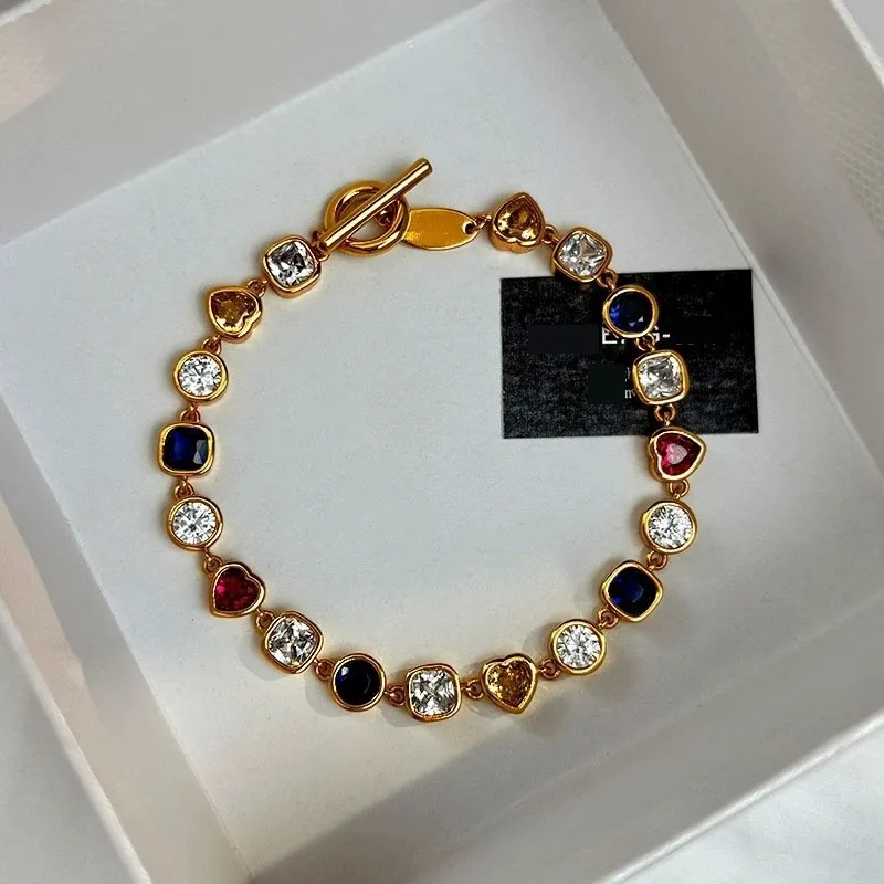 

Luxury 18K Real Gold Plated Zircon Geometric Heart Link Chain Women's Hand Bracelets Bridal Wedding Party Fashion Jewelry 1687