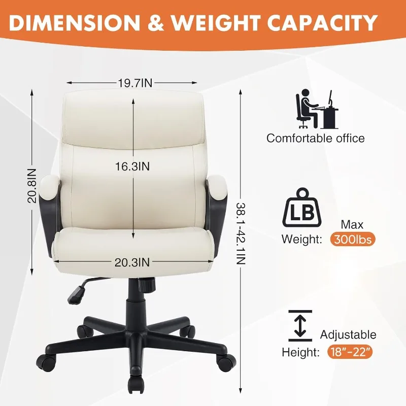 Ergonomic Office Chair Adjustable Height 360° Swivel Rolling with Padded Armrests, PU Leather Desk Chair, Cream White