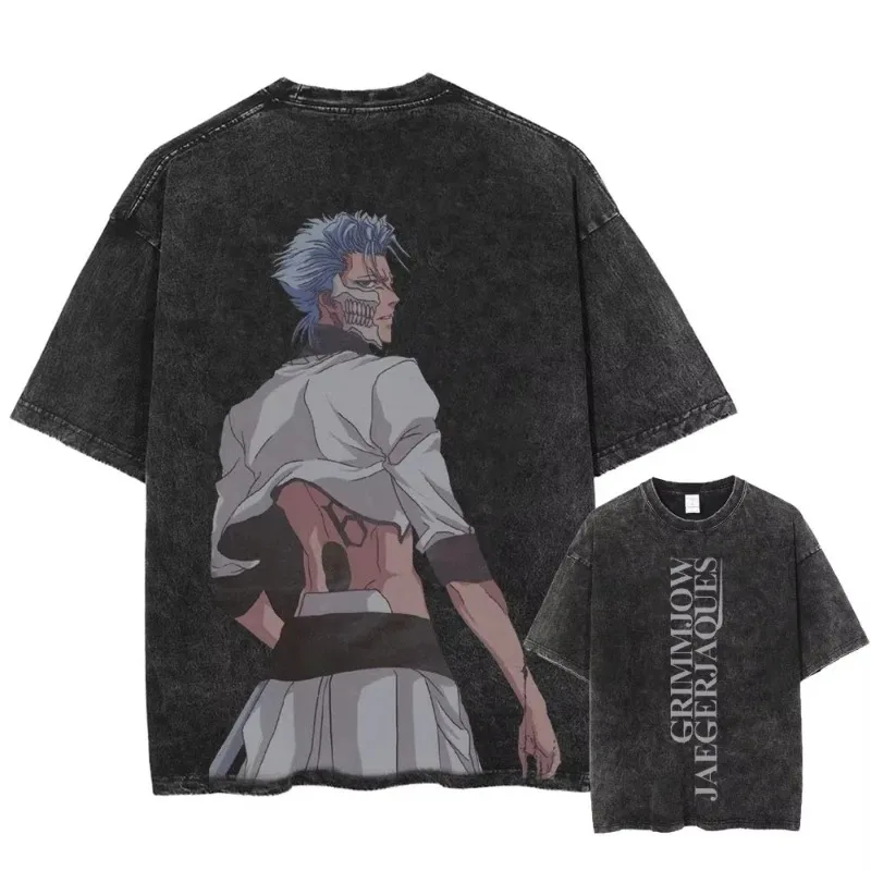 Japan Anime BLEACH Grimmjow Jaegerjaque Printed Washed T-shirt Satoru Gojo Unisex High Quality Oversized T-shirt High-end Luxury