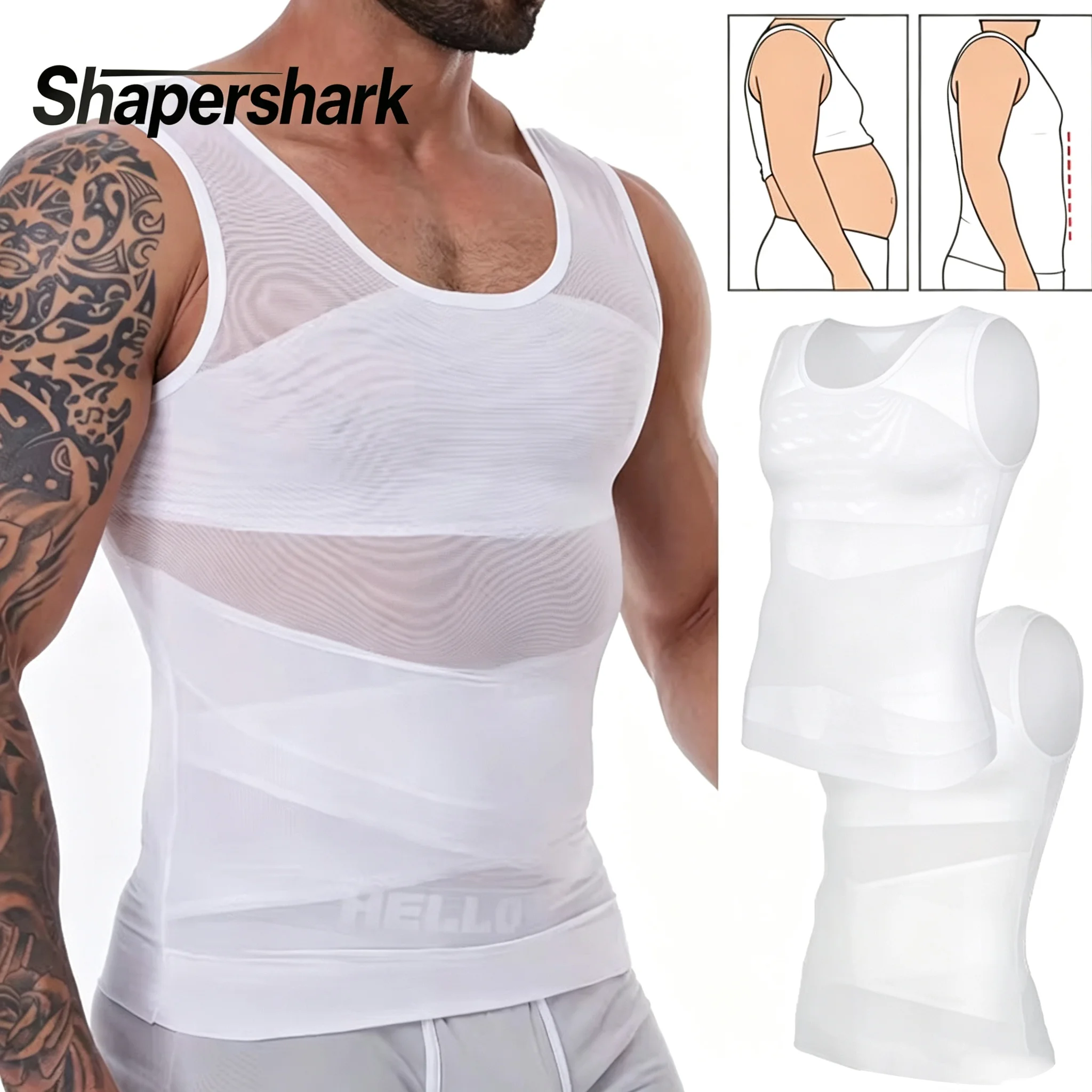 Shapershark Mens Compression Shirt Slimming Body Shaper Vest Gynecomastia Undershirt Tummy Layering  Control Shapewear Tank Top